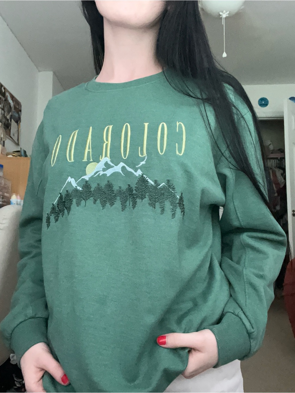 Full Tilt urban outfitters Green Colorado Mountain Graphic Crewneck Sweater